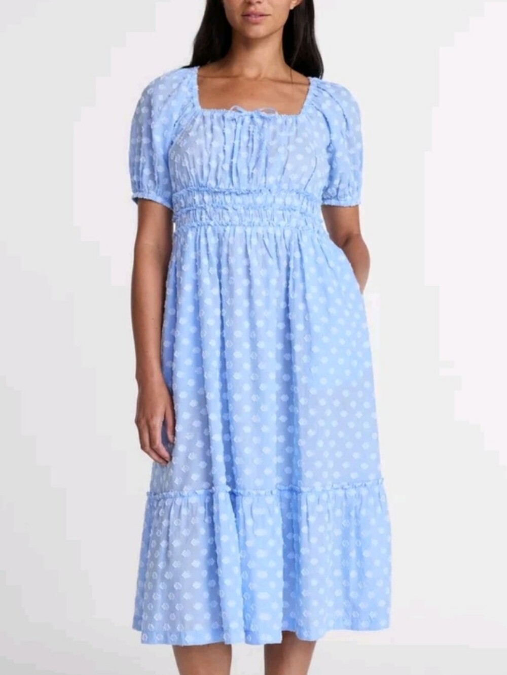 Time and Tru Light Blue Polka Dot Smocked Midi Dress Size XS NWT